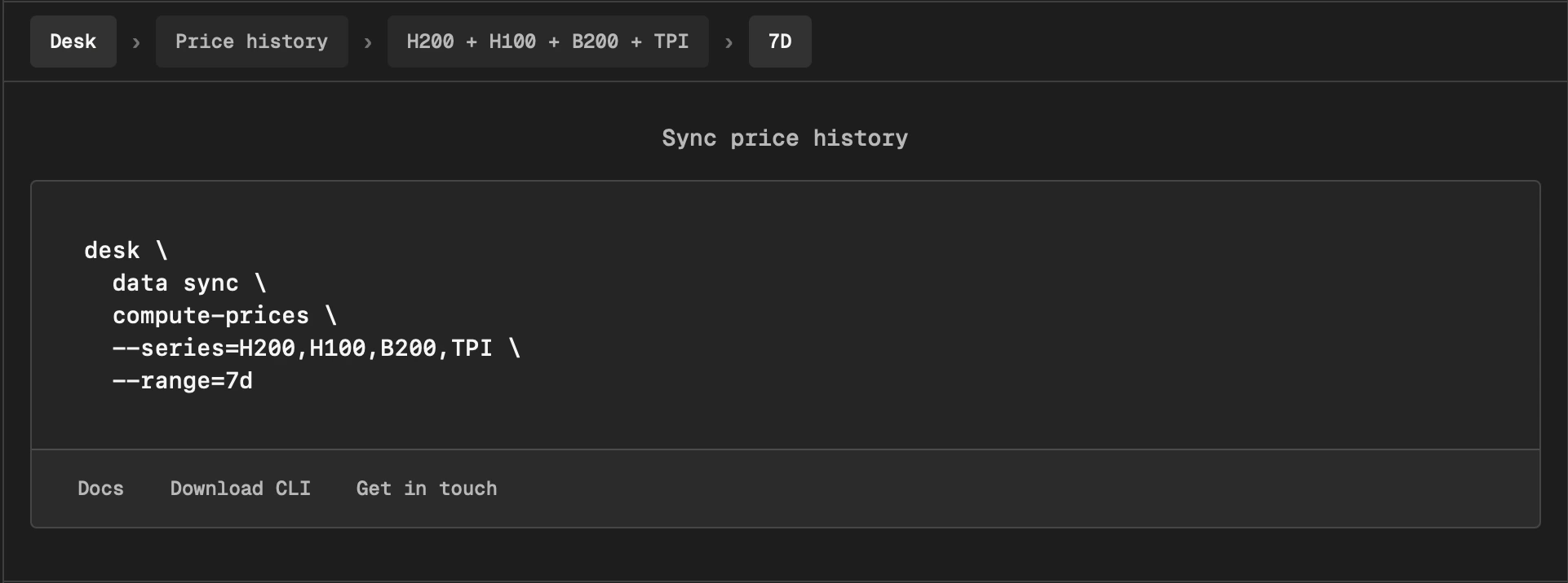 Desk API command for syncing the selected price history