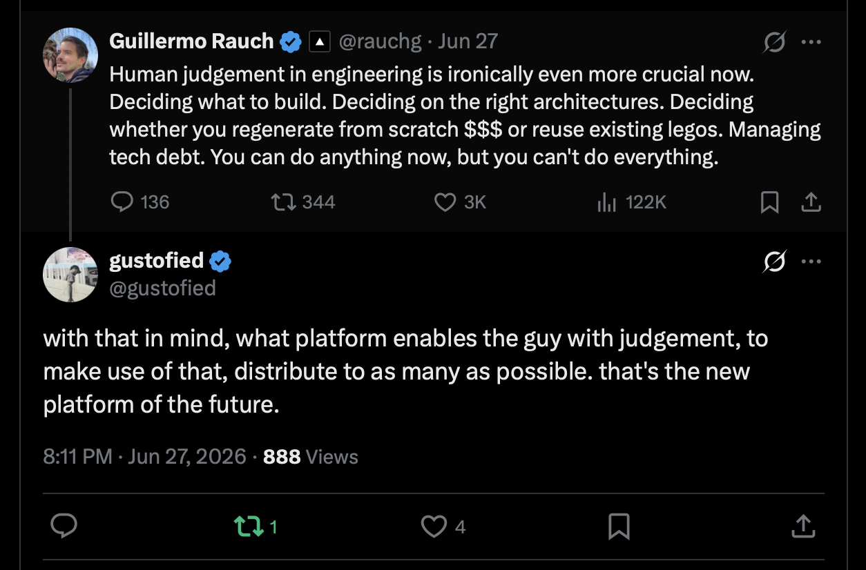Discussion arguing that human judgment becomes more crucial as engineering execution becomes abundant