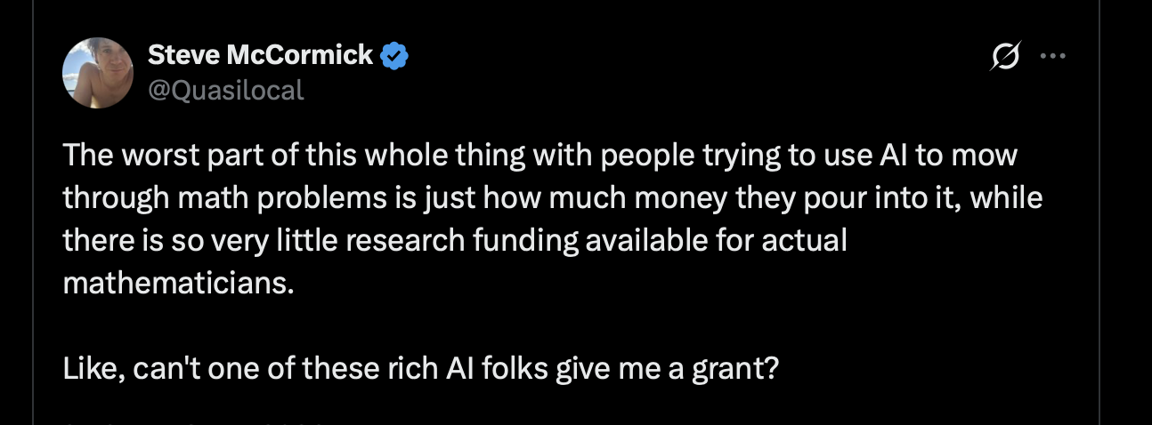 A post contrasting spending on AI for mathematics with limited funding for mathematicians